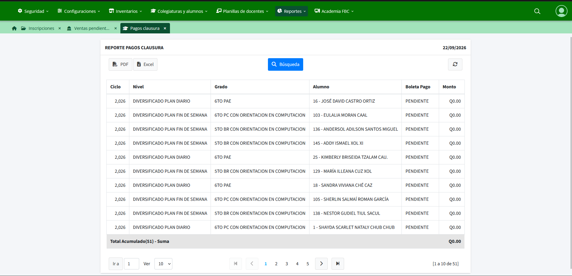 Reporte de pagos de clausura en EduControl