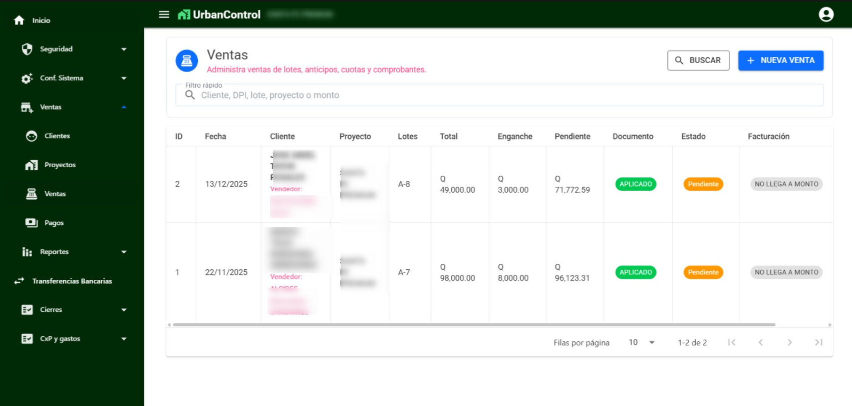 Módulo de ventas de UrbanControl para lotificaciones